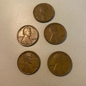 1929 Set of Five Vintage Lincoln Wheat Pennies